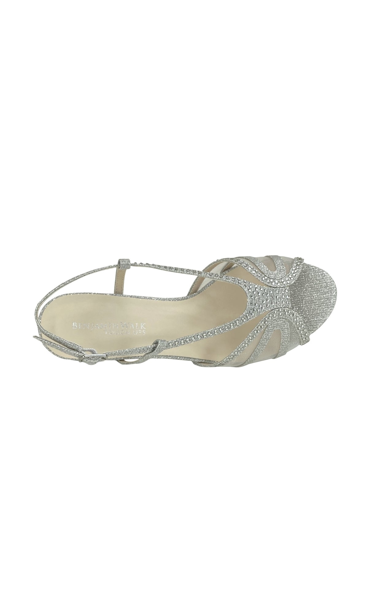 Top view of the Clara Silver Low Heel Prom Shoes 4486—an open-toe, silver sandal with a 1.75-inch heel, ankle strap, and sparkling rhinestone embellishments, perfect for prom.
